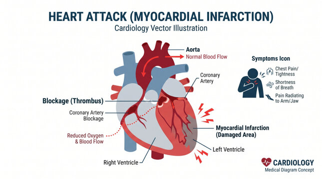 Flat heart attack disease concept isolated on white background, cardiology vector illustration