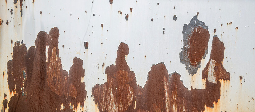 Rusted Metal Background with Peeling White Paint, Weathered Industrial Iron Surface and Heavy Corrosion Texture.