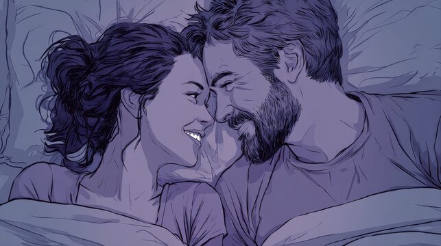 A happy couple in love communicate face-to-face while relaxing in bed.