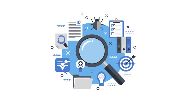 Software Testing and Quality Assurance Concept Flat Vector Illustration with Bug, Magnifying Glass, and Checklist