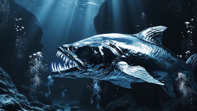 Deep Sea Predator Fish With Sharp Teeth In Dark Underwater Cave