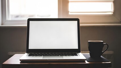 Fototapeta premium aptop with Blank White Screen and Coffee Cup on Wooden Desk for Digital Marketing Mockup. Professional workspace featuring a modern laptop with a blank white screen positioned on a wooden 