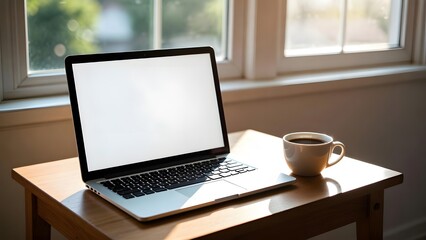 Fototapeta premium aptop with Blank White Screen and Coffee Cup on Wooden Desk for Digital Marketing Mockup. Professional workspace featuring a modern laptop with a blank white screen positioned on a wooden 