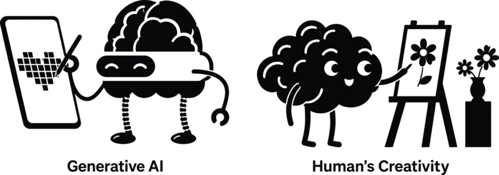 Generative AI Versus Human Creativity Conceptual Brain Character Vector Illustration Set
