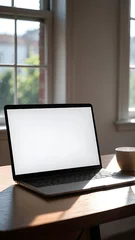 aptop with Blank White Screen and Coffee Cup on Wooden Desk for Digital Marketing Mockup. Professional workspace featuring a modern laptop with a blank white screen positioned on a wooden  © LeoArtes