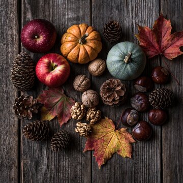 Herbstliches Flatlay von oben mit Mini-K&uuml;rbissen und Erntefr&uuml;chten in warmen Herbstfarben