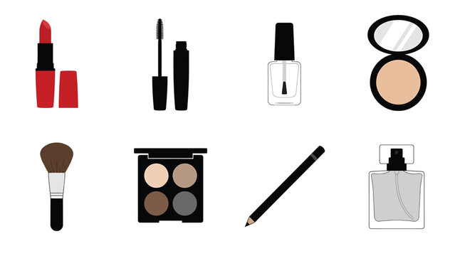 Collection of various cosmetic products including lipstick, mascara, nail polish, and eyeshadow, essential for beauty and makeup routines.