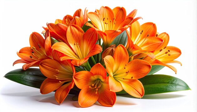 Vibrant Orange Clivia Lily Flowers Arrangement on White Background.