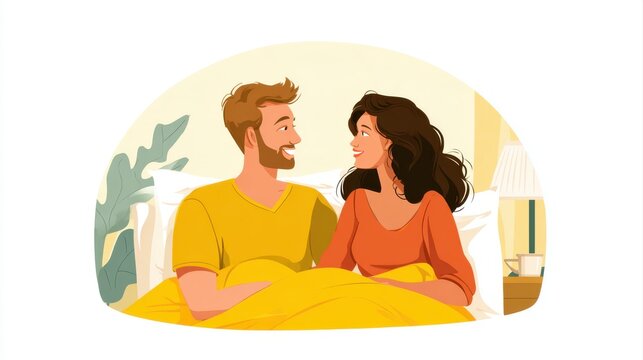 A happy couple in love communicate face-to-face while relaxing in bed.