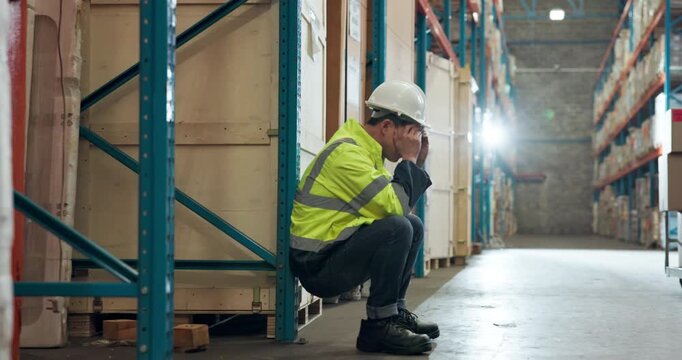 Break, distribution and stress with man in factory for delivery, logistics or supply chain mistake. Fail, plant and tired with inventory or stock on shelves for backlog, courier service and delay