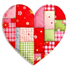 Obraz premium A heart-shaped quilt made of various red, pink, and green fabric patches with floral and gingham patterns