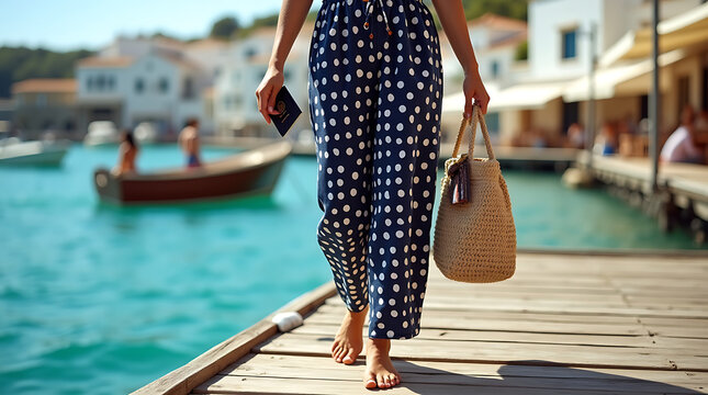 Woman in Polka Dot Jumpsuit Walking on Sunny Pier