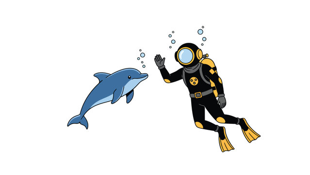 Cartoon diver in vintage diving suit waving at a friendly dolphin underwater.