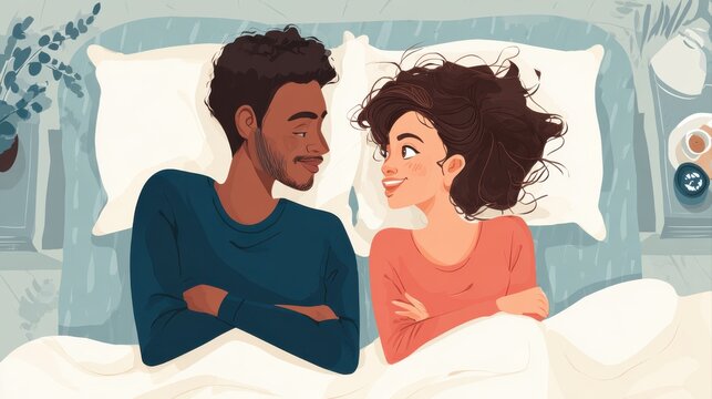A happy couple in love communicate face-to-face while relaxing in bed.