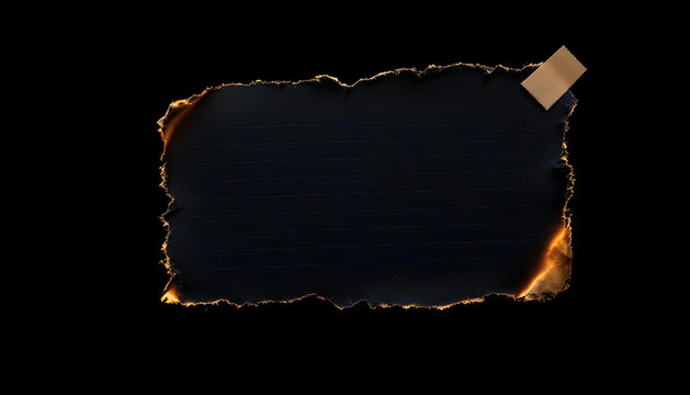 A torn and burnt piece of lined paper is centered against a black background. The paper has irregular