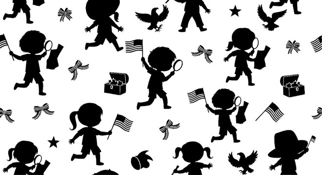 Children silhouettes on an adventure scavenger hunt