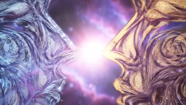 Abstract faces in cosmic background with purple and gold swirls.