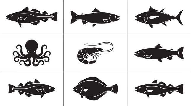 Fish and Seafood Silhouette Vector Icon Collection