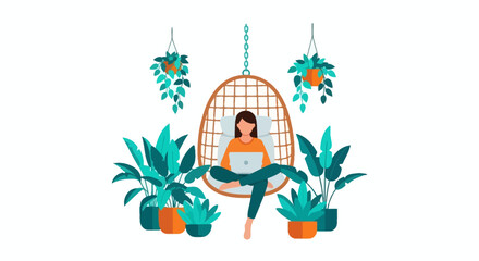Fototapeta premium Freelance Woman Working on Laptop in Cozy Hanging Egg Chair Surrounded by Indoor Plants, Remote Work Concept