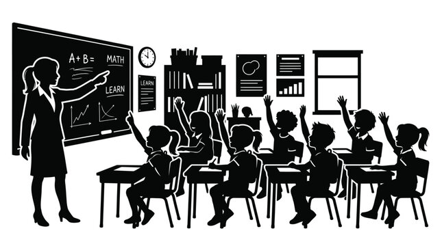 Professional female teacher standing in front of a blackboard pointing at math equations while a group of elementary students sitting at their desks raise their hands to participate in class.