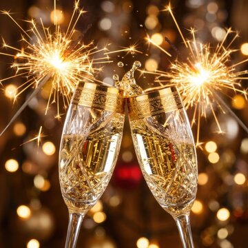 Zwei Sektgl&auml;ser sto&szlig;en mit Wunderkerzen vor goldenem Bokeh an - festlicher Silvester-Toast