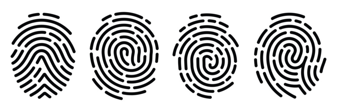 Fingerprint icon collection featuring black solid glyph and line outline styles for authentication and access control systems