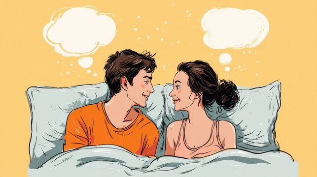 A happy couple in love communicate face-to-face while relaxing in bed.