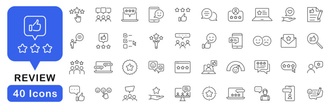 Review icon set. Feedback icons in line style. Editable web icons customer feedback, experience, opinion, questionnaire, poll, satisfaction etc. Vector illustration.