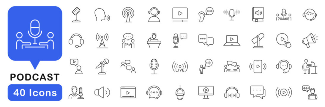 Podcast icon set. Podcasting icons in line style. Editable web icons microphone, radio, video, news, audio, webcast, record, broadcasting, voice, conference etc. Vector illustration.