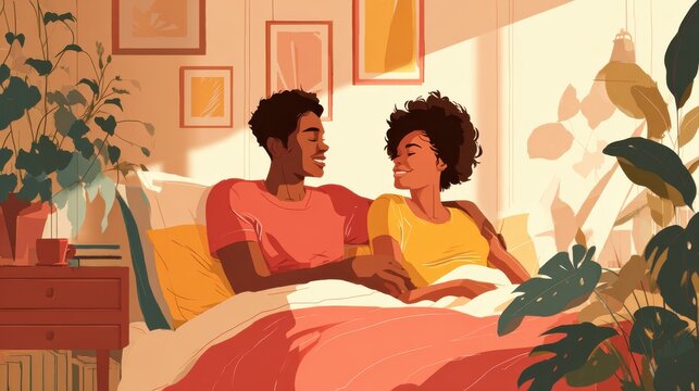 A happy couple in love communicate face-to-face while relaxing in bed.