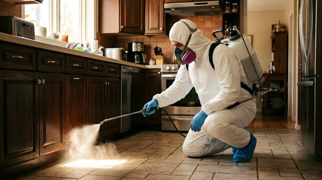 Pest control technician spraying kitchen baseboards in protective hazmat suit