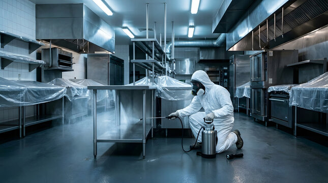 Pest control technician disinfecting commercial restaurant kitchen after hours treatment