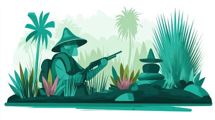 Obraz premium Soldier in Jungle with Rifle Surrounded by Lush Greenery and Plants