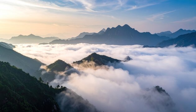 Majestic mountain peaks pierce through a sea of clouds at sunrise.