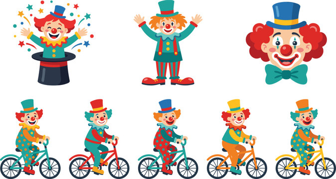 Funny Clown Character Illustration Set Featuring Circus Performers, Bicycle Tricks and Colorful Entertainment Cartoon Designs