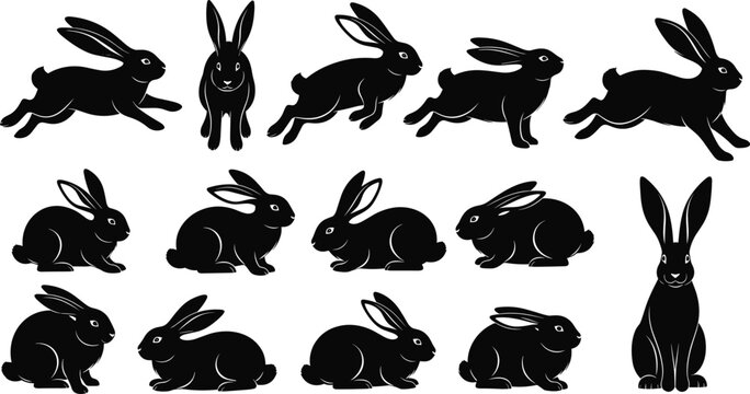 Black rabbit silhouette vector set featuring wild hares in various poses including running jumping sitting and standing isolated.