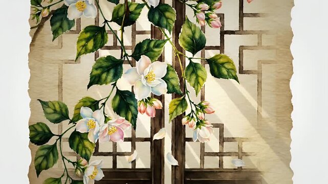 Vintage botanical illustration of a climbing flowering plant on a wooden trellis