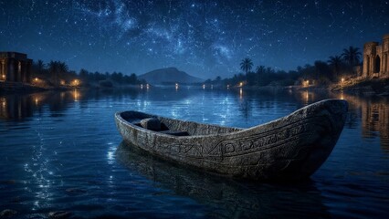 Fototapeta premium Primitive stone boat drifting on an ancient shimmering river beneath a star-filled night sky.