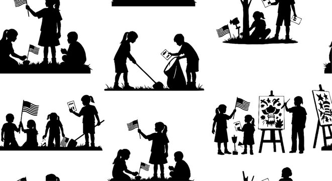 Children volunteering and making patriotic art silhouette pattern