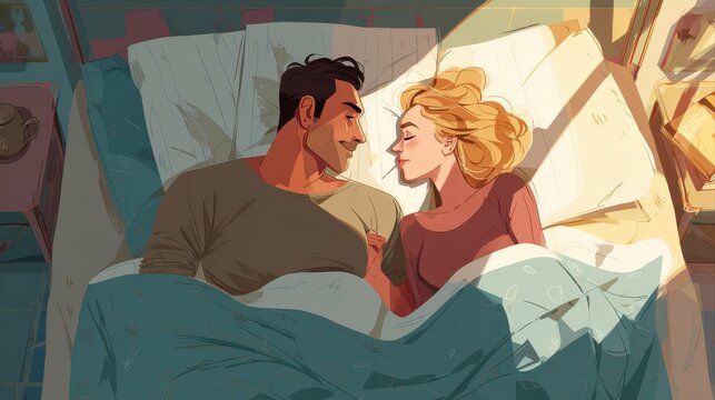 A happy couple in love communicate face-to-face while relaxing in bed.