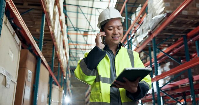 Quality control, phone call and man in warehouse with tablet, coordination and distribution. Logistics, manager and checklist in storage facility with delivery, export or shipping in supply chain