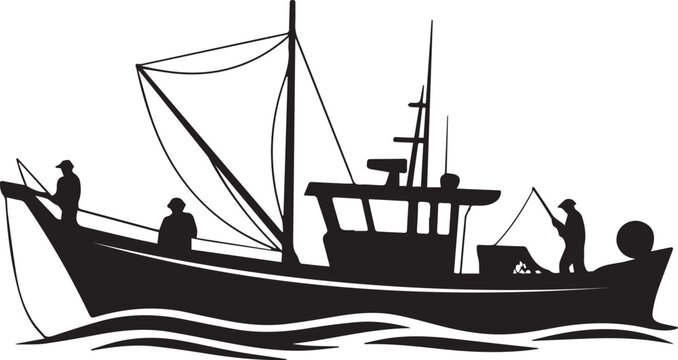 Black silhouette fishing boat with crew on deck against white background for nautical designs