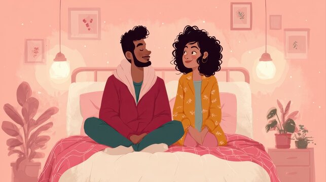 A happy couple in love communicate face-to-face while relaxing in bed.