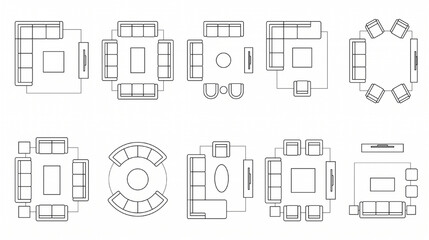 Fototapeta premium Architectural Interior CAD Symbol Sheet Living Room Furniture Top View Layout Technical Vector Set