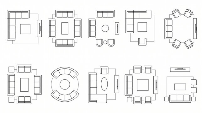 Architectural Interior CAD Symbol Sheet Living Room Furniture Top View Layout Technical Vector Set