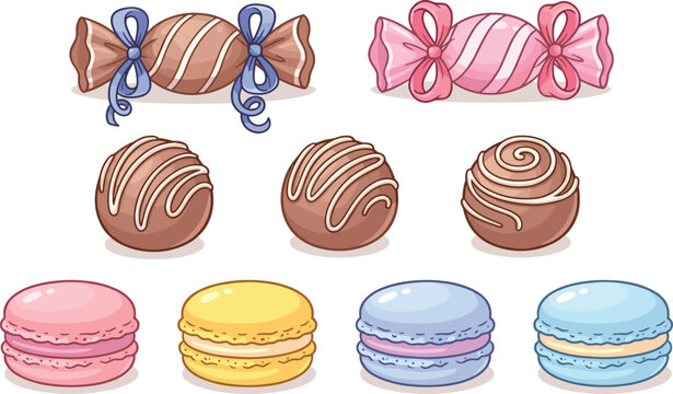 Cute colorful candy and macaroon dessert collection with sweet chocolate confectionery cartoon style vector illustration set
