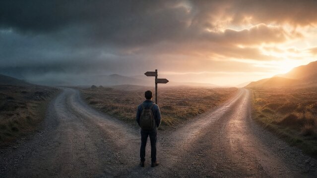 A dramatic split in the road under a moody sky, symbolizing life's pivotal choices.