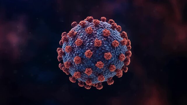 Detailed 3D rendering of a single HANTAVIRUS particle, suspended within a cold, blue microscopic environment, representing infectious disease research