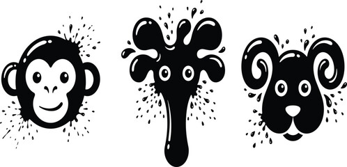 Cute cartoon animal heads set with monkey giraffe and ram profiles featuring black liquid paint splashes isolated on white background © Mdjoshel 