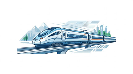 Modern High Speed Train on Tracks with Cityscape and Mountains. © Dne